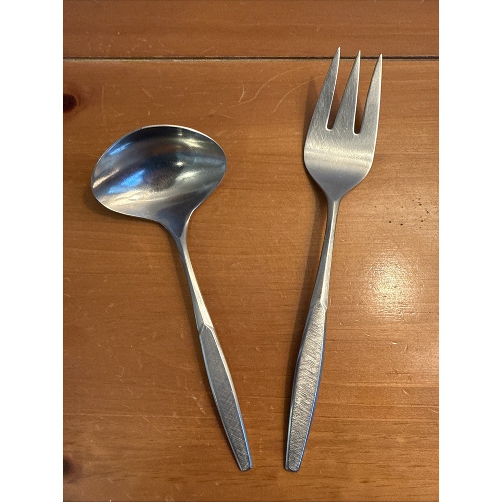 Vtg 60's SATURNA International Stainless Deluxe Serving Fork & Spoon Set 10" MCM